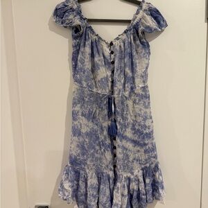 Blue and White Tie-Dye Off-Shoulder Dress